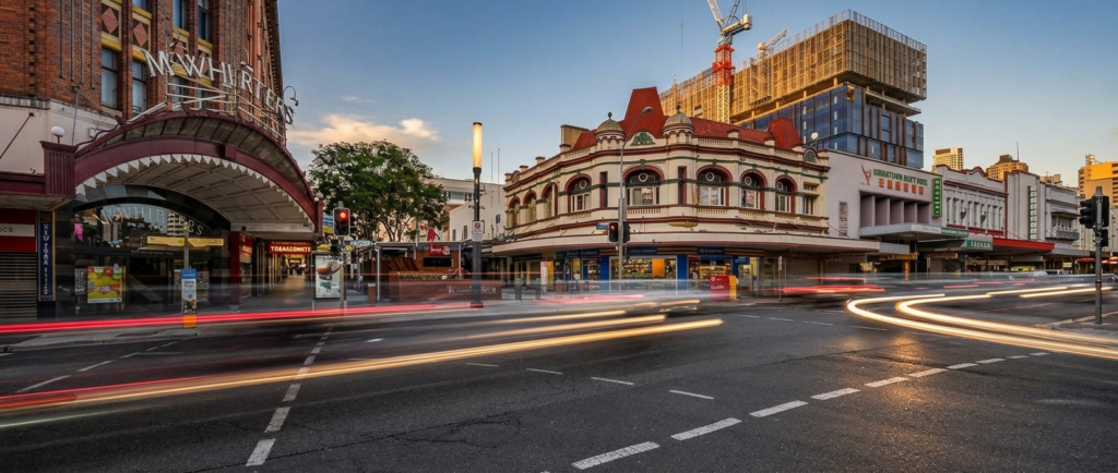 Fortitude Valley streetscape at dusk, where Ballers Clubhouse will open in February