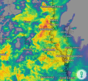 Rain radar showing heavy storm cells over Caboolture and Brisbane during the Brisbane flash flooding risk