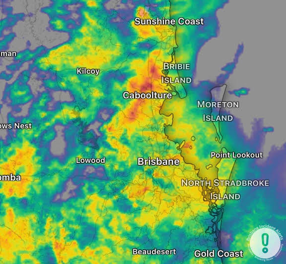 Rain radar showing heavy storm cells over Caboolture and Brisbane during the Brisbane flash flooding risk