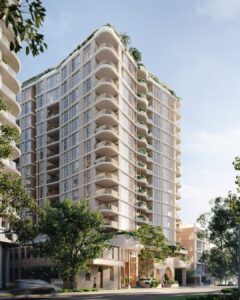 Artist impression of Maude Newstead, a curved apartment tower beside heritage brick at Maud Street