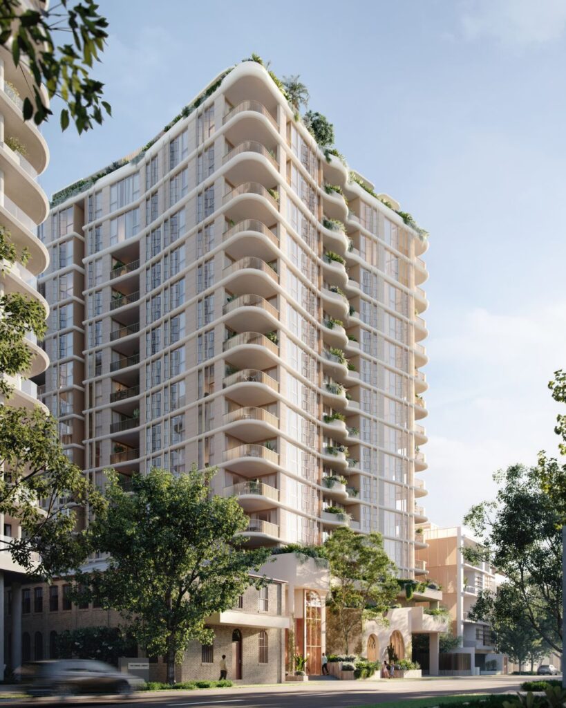 Artist impression of Maude Newstead, a curved apartment tower beside heritage brick at Maud Street