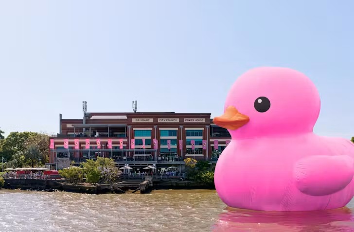 Giant pink Rubber Duck beside Brisbane Powerhouse on the river for Melt Festival