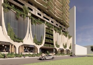 Artist impression of the proposed Newstead tower at Gordon and Byres Streets, with a planted podium