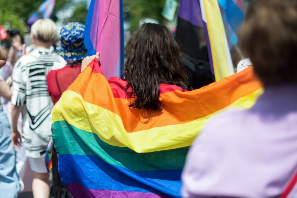 Brisbane Pride Fair Day crowd with rainbow and pride flags during a march