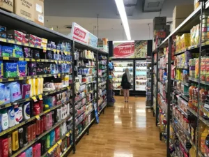 Supermarket aisle stocked with household products, illustrating the South Brisbane supermarket assault appeal